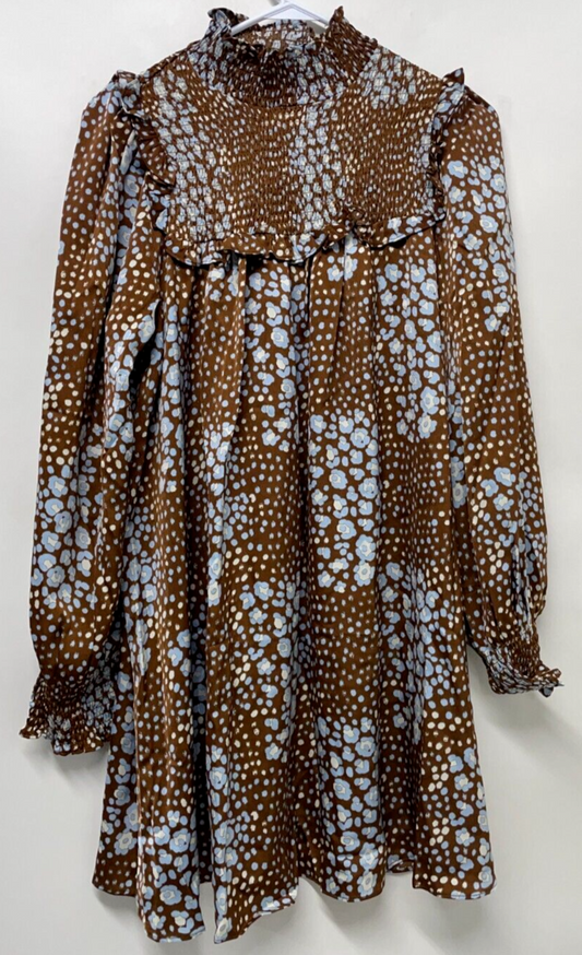 Glamorous Women's 10 Shirred Neck Mini Smock Dress Brown Blue Leopard-Multi ASOS