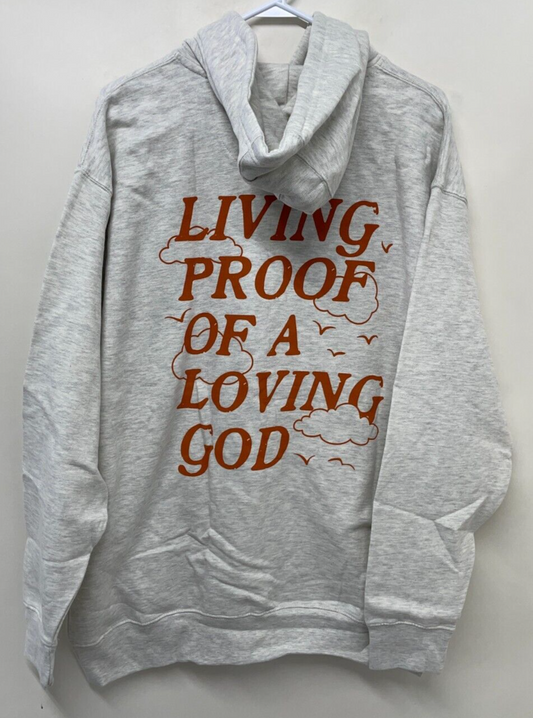 Gods Love Overcomes Mens XL Living Proof Loving God Pullover Graphic Hoodie Gray