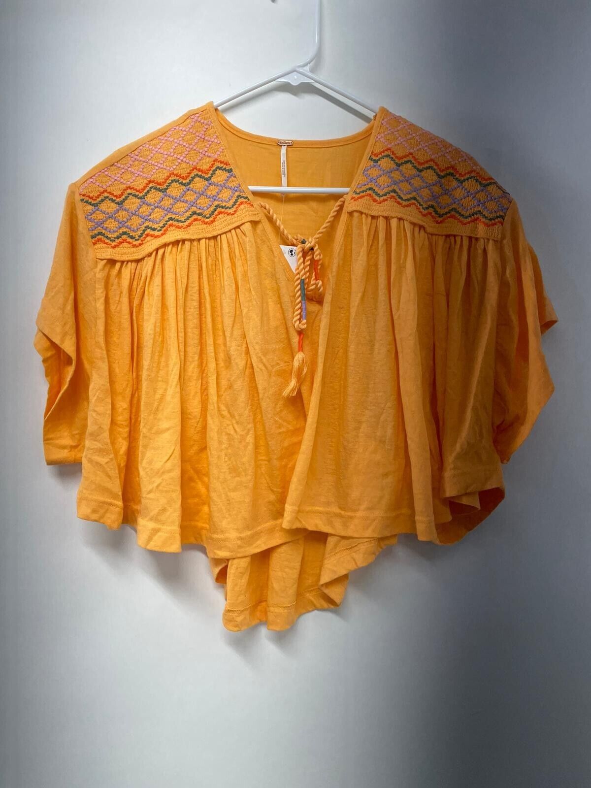 Free People Women XS Embroidered Tassel Tie Dolman Top Blouse Carrot Ginger Boho