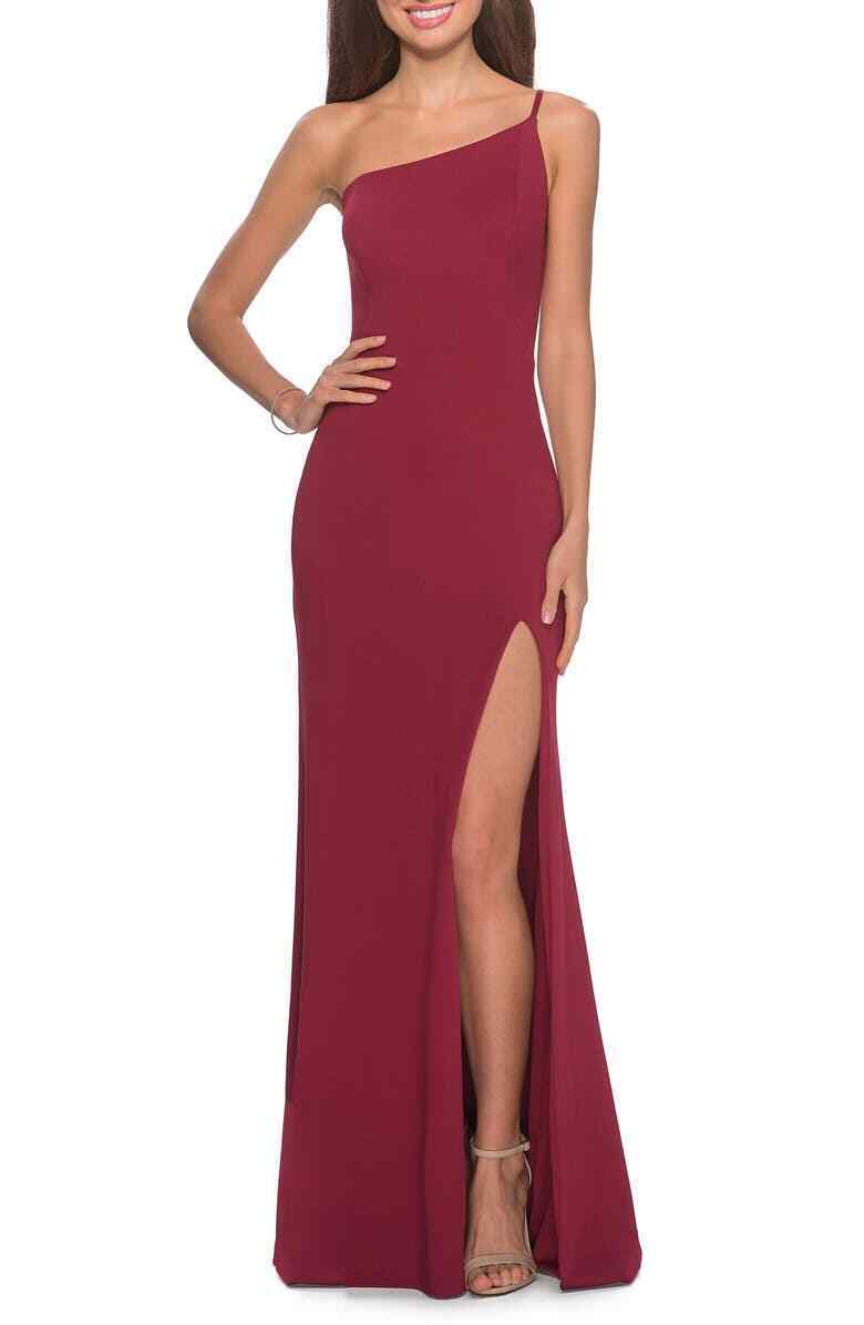 La Femme Womens 10 Burgundy One-Shoulder Jersey Gown High Slit Prom Dress