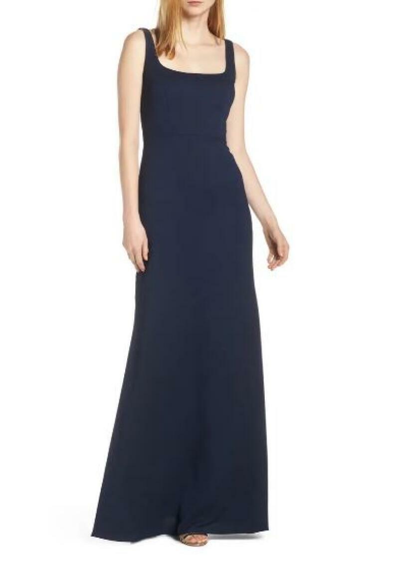 Hayley Paige Womens 4 Navy Square Neck Tie Back Crepe Evening Dress Gown Maxi