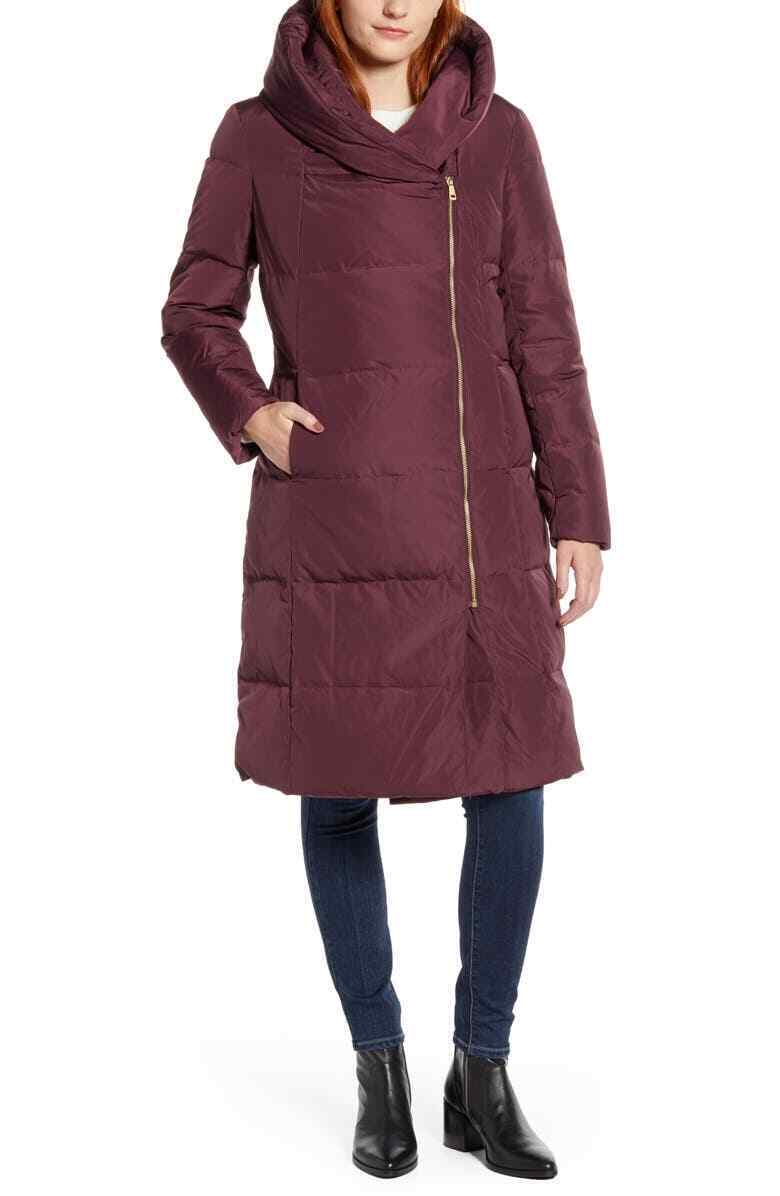 Cole Haan Womens XS Merlot Purple Asymmetrical Zip Down & Feather Coat Parka