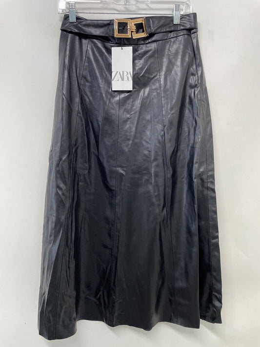 Zara Womens M Faux Leather Layered Skirt With Belt Black Midi Length 3046/330