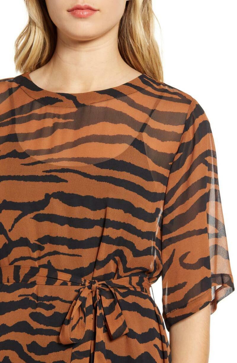 Allsaints Womens XS Brown Black Chiffon Belted Enki Zephyr Tiger Stripe Dress