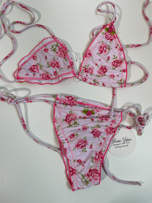 Bootin Bikini Womens M Ruffled Floral 2-Piece Swimsuit Pink Side-Tie Swimwear
