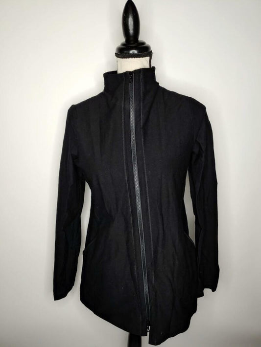 Eileen Fisher Womens XXS Black Full Zip Up Crepe Stretch Track Jacket Mock Neck
