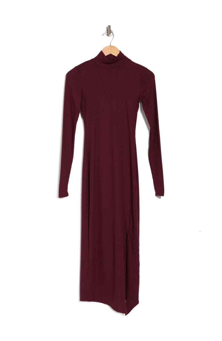 AFRM Womens Burgundy Joyce Mock Neck Midi Dress Rib High Slit Turtleneck Bodycon