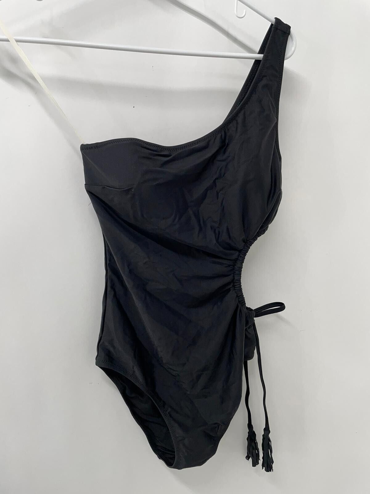 Aerie Womens S Black Tassel Cut Out Asymmetrical One Piece Swimsuit One Shoulder