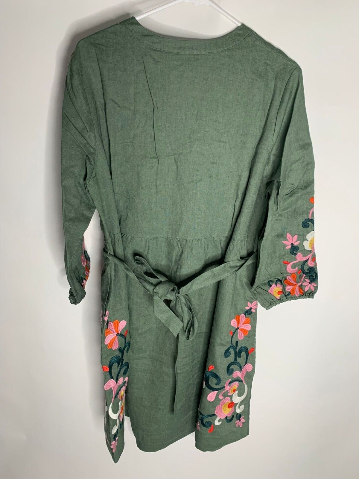 Boden Womens 4 Alder Green Embroidered Linen Dress Belted Split V Neck Boho