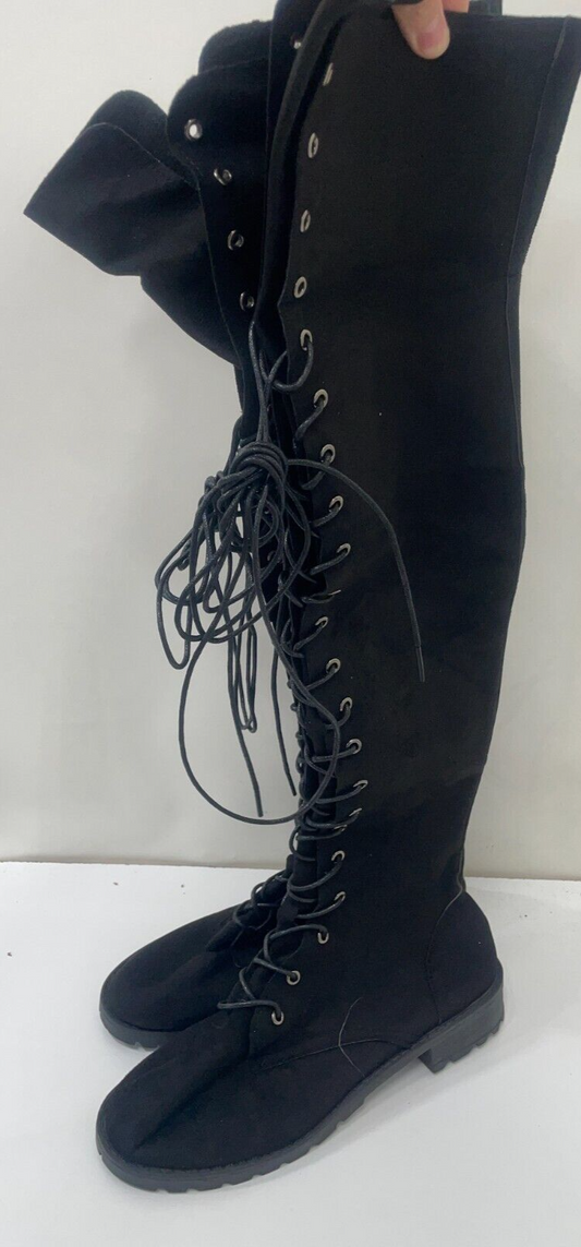 Womens EU 41 Sexy Trendy Lace Up Thigh Knee High Boots Black Round Toe Cosplay