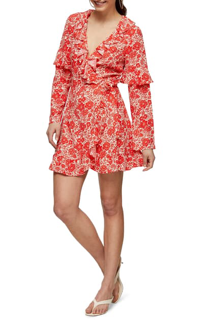 Topshop Womens 8 Red Floral Print Ruffle Long Sleeve Wrap Mini Dress NWT Orange
