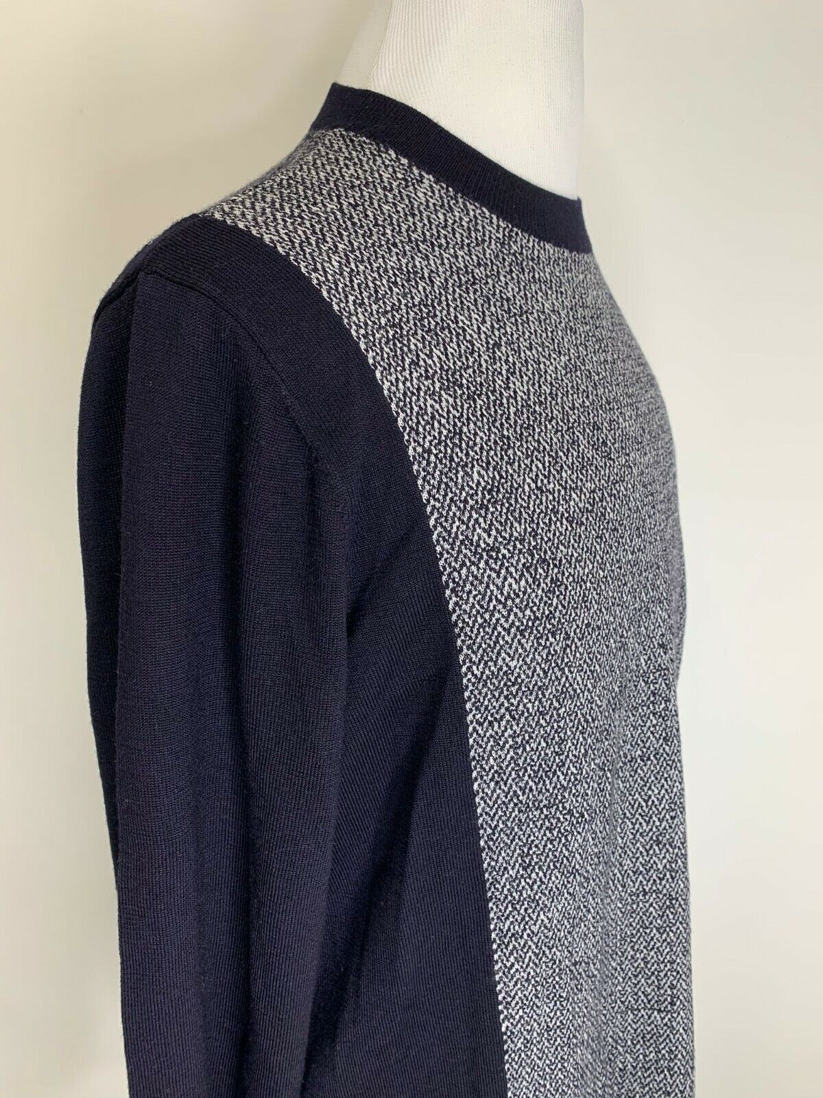 Emporio Armani Mens XXL Navy Blue Jacquard Wool Pullover Sweater Herringbone