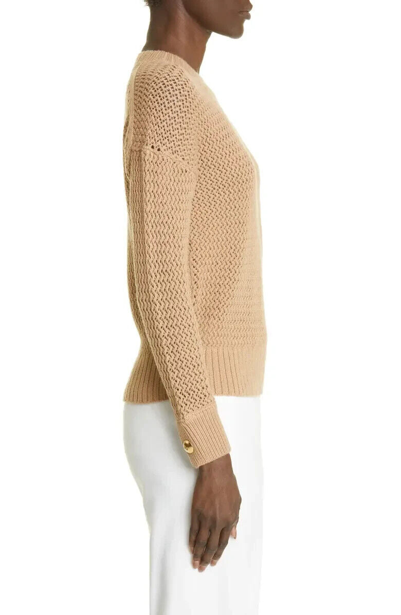 St John Collection Womens S Open Knit Wool Sweater Camel Tan Pullover