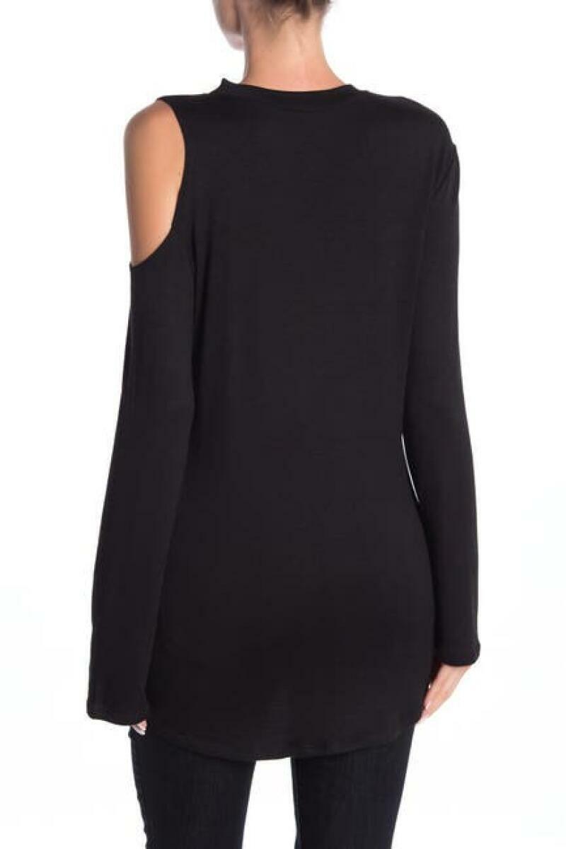 Go Couture Womens S Black Asymmetrical Slash T-Shirt L/S Tunic Top Cold Shoulder