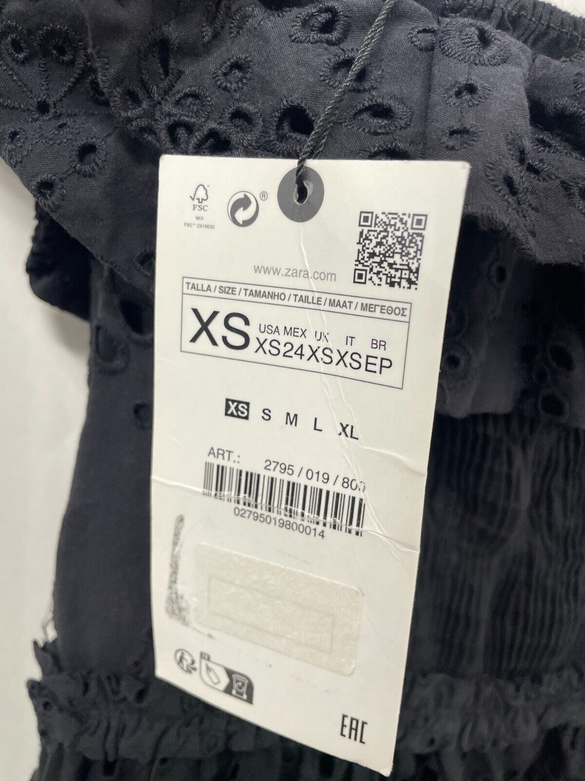 Zara Womens XS Embroidered Midi Dress Black Off-the-Shoulder Eyelet 2795/019 NWT