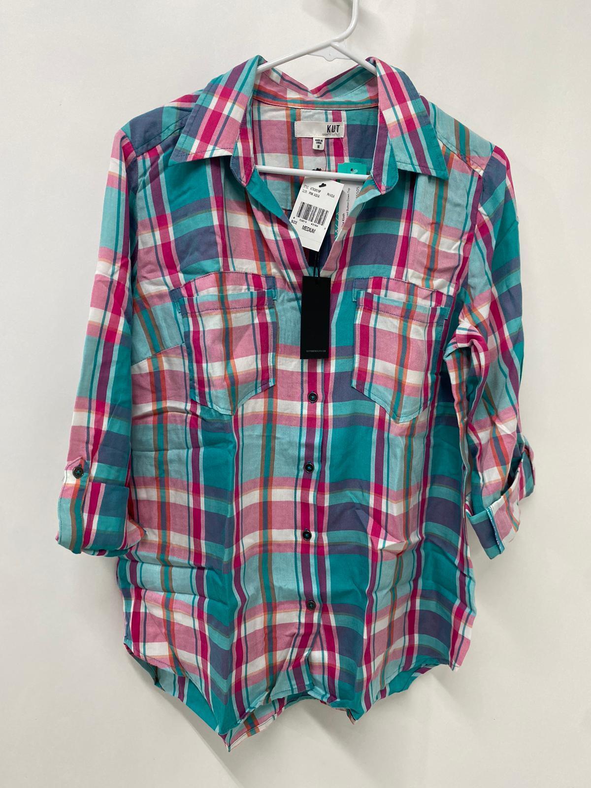 Kut from the Kloth Womens M Caillen Flannel Relaxed Button Down Shirt Plaid