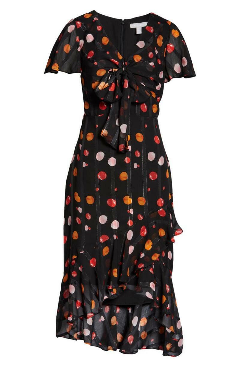 Chelsea28 Womens 14 Black Orange Dot Metallic Tie Front Midi Dress V Neck