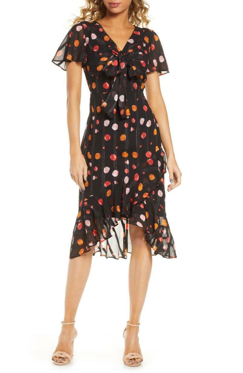 Chelsea28 Womens 14 Black Orange Dot Metallic Tie Front Midi Dress V Neck