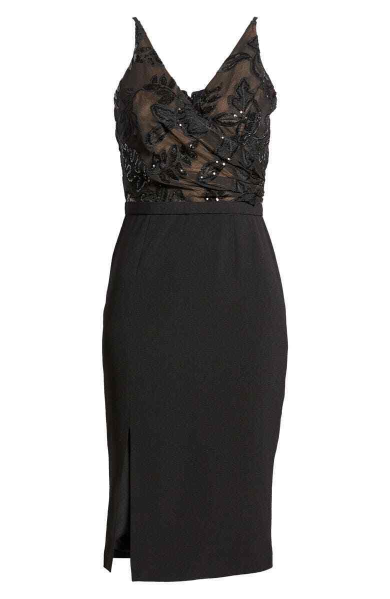 Dress the Population Womens XS Black Giulia Sequin Bodice Crepe Sheath Dress