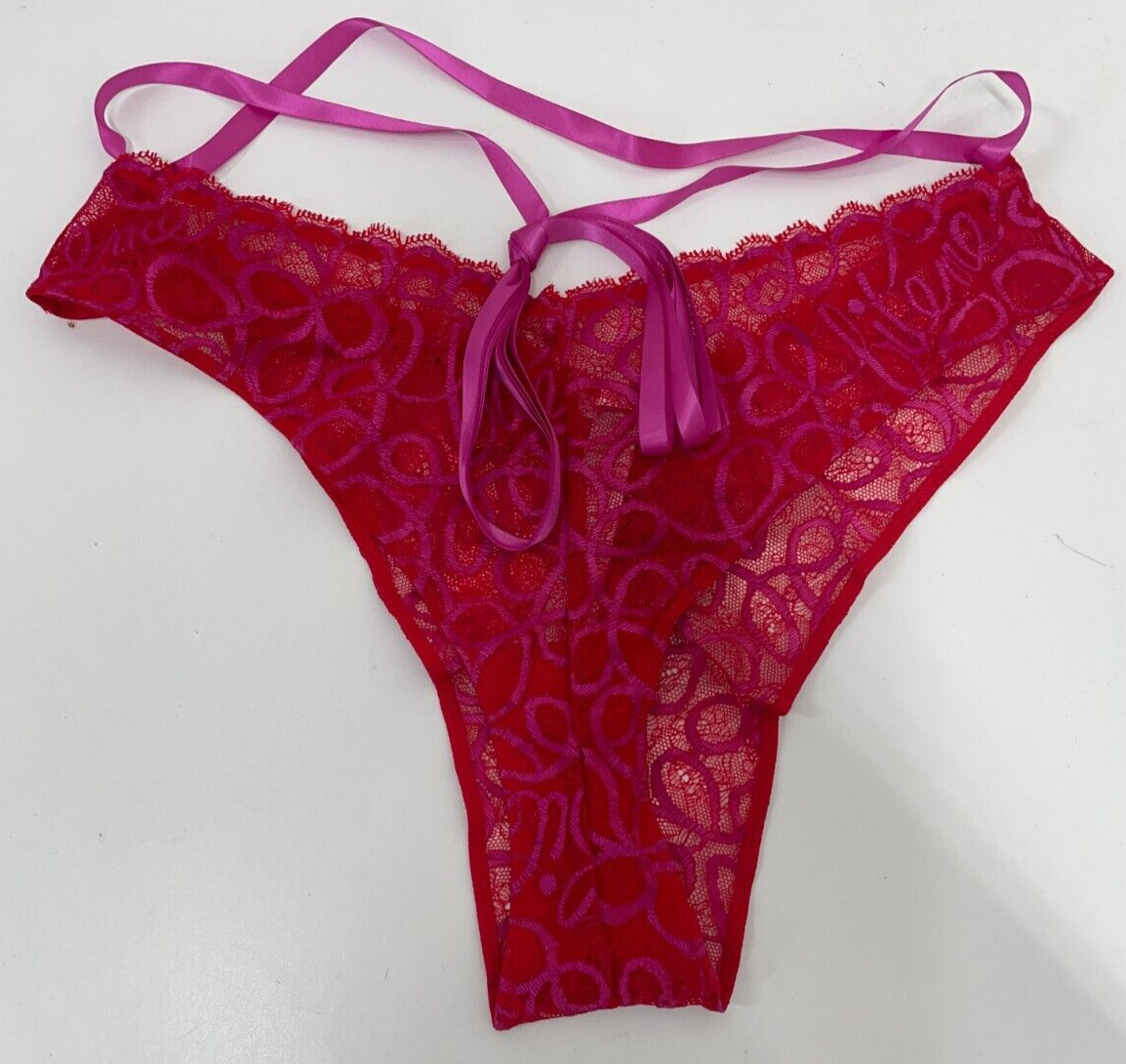 Savage Fenty Womens XL Ribbon Writing Lace Brazilian Panty Underwear Lingerie