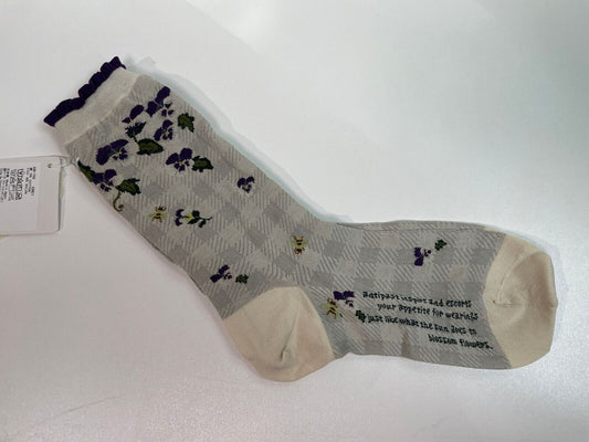 Antipast Women’s AM-745 Violets On Gingham Sock Grey Purple Crew Cotton Nylon