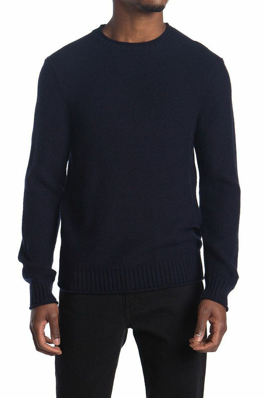 Amicale Mens M Navy Blue Rolled Edge Crew Neck Sweater Cashmere Blend Cotton