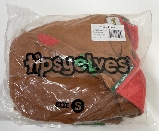Tipsy Elves Men's S Gingerbread Man Jumpsuit Brown Fleece Christmas Zip-Up NWT