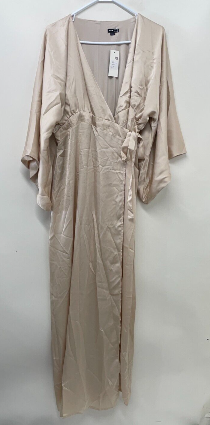 TFNC Womens Maternity 8 Bridesmaid Kimono Sleeve Satin Wrap Maxi Dress Mink NWT