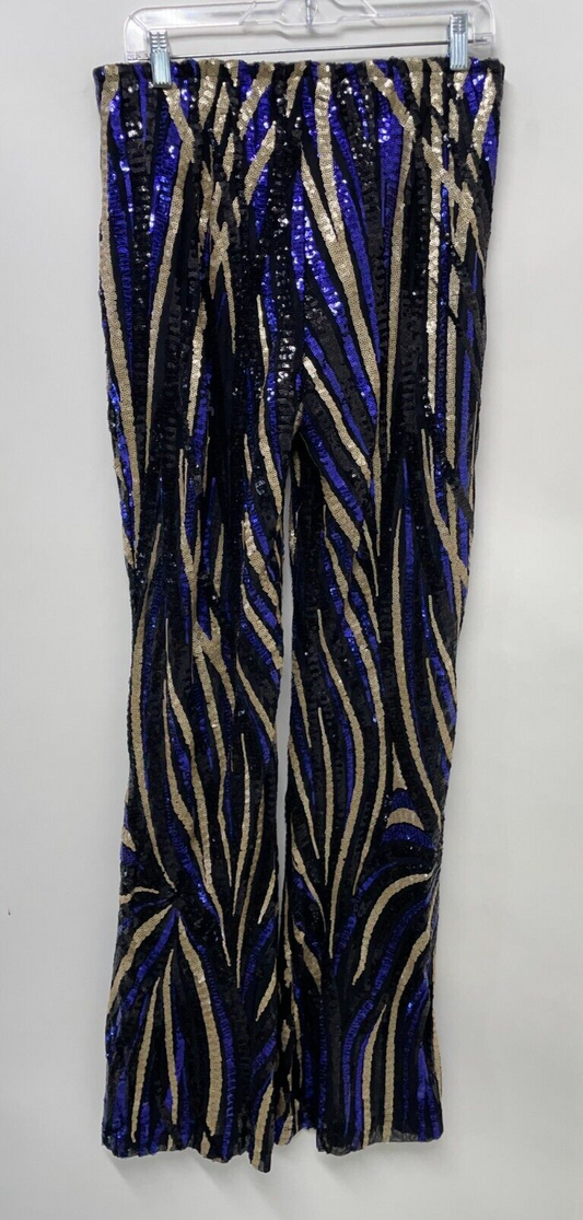 Chic Me Womens XL Wide-Leg Sheer Dress Pants Black Gold Purple Sequined Trouser