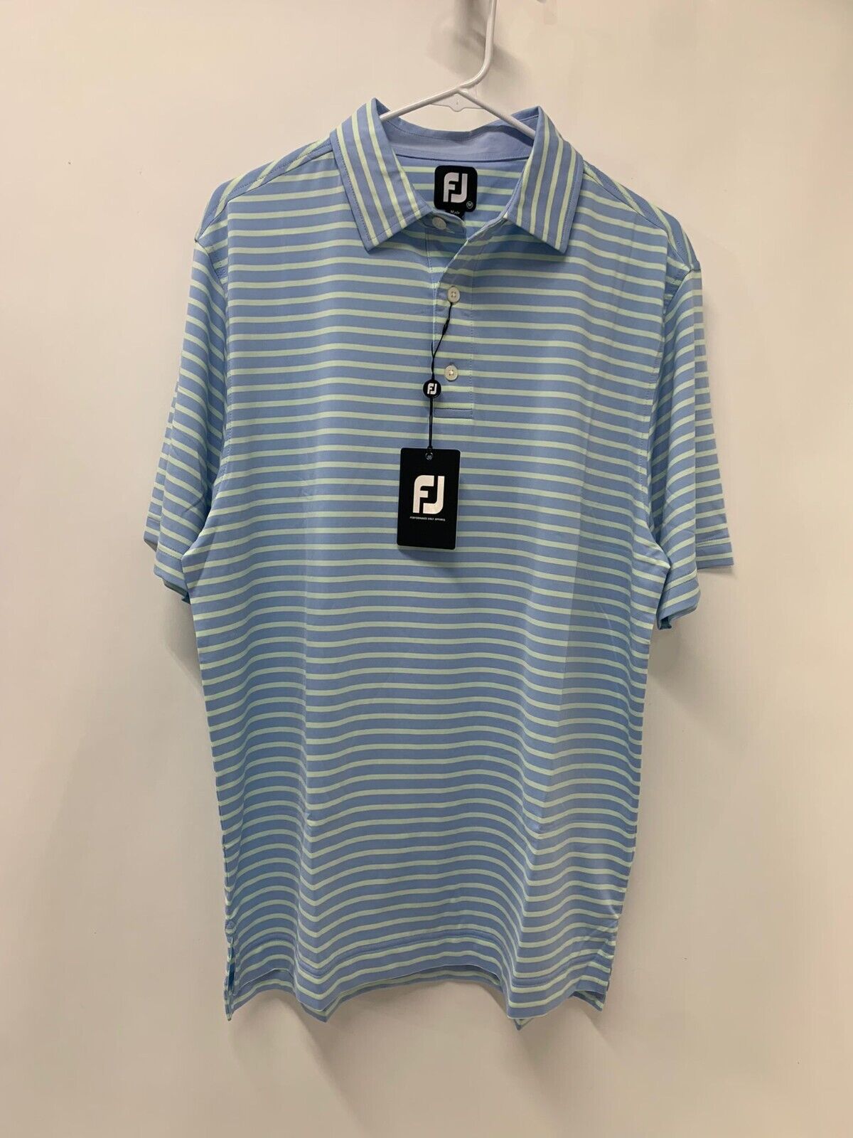 Footjoy Mens M Lisle 2 Color Stripe Golf Polo Shirt Sky Mint Self Collar ProDry
