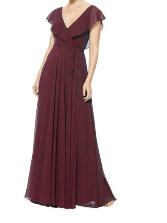 Levkoff Womens 0 Burgundy Wine Flutter Sleeve Ruffle V-Neck Wrap Gown Wedding