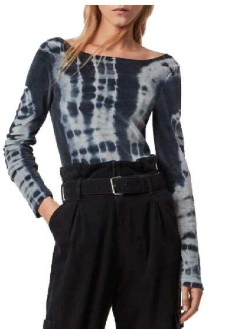 Allsaints Womens 10 Tie Dye Gray Blue Raffi Velvet Bodysuit Long Sleeve Top