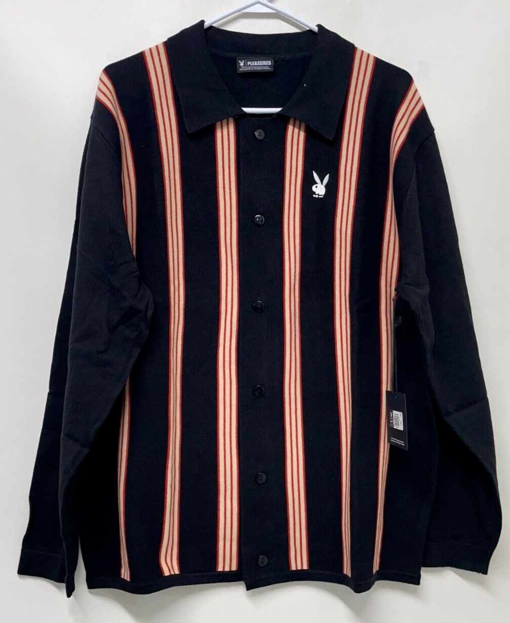 PLEASURES x Playboy Men's L Club Cardigan Black Stripe Button-Up Sweater NWT