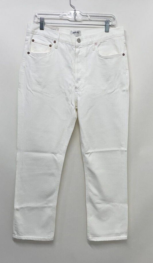 Agolde Womens 30 Riley High Waist Crop Straight Leg Jeans White Button Fly Denim