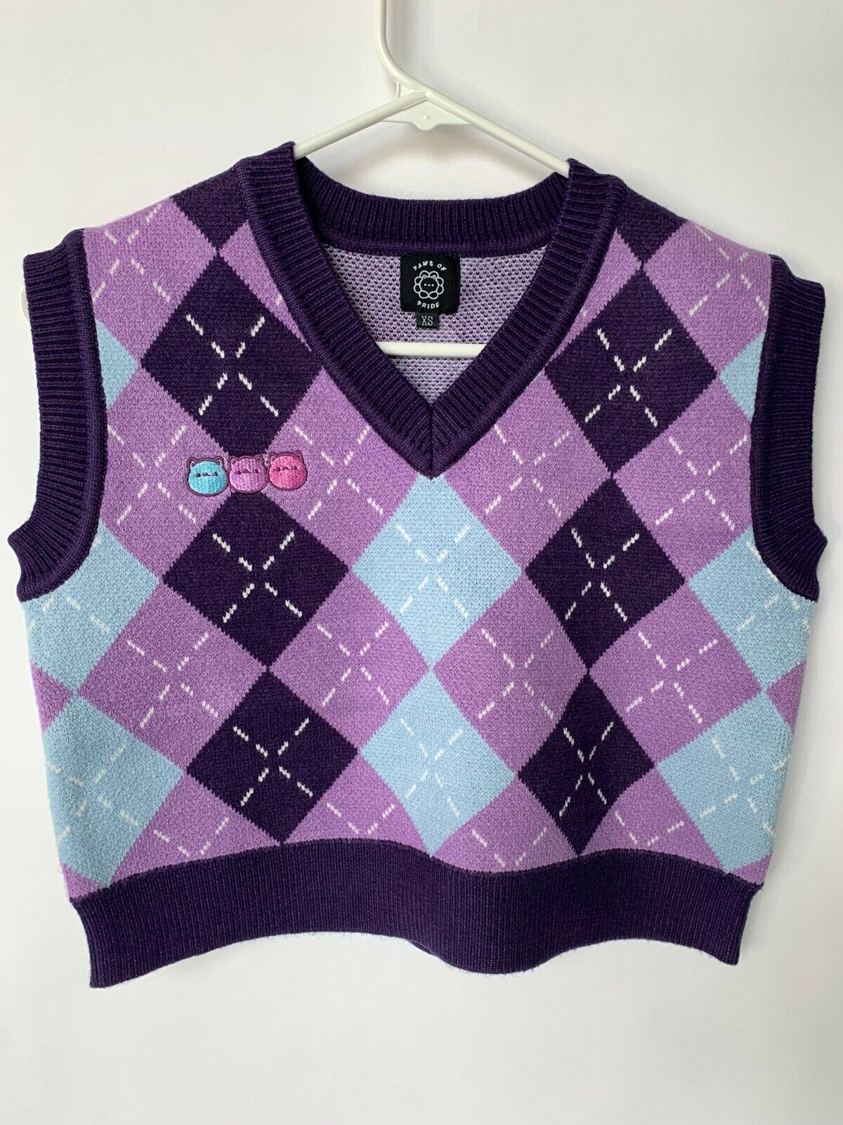 Paws of Pride Womens XS Purple Blue Obsidian Crop Sweater Vest Argyle Embroidery