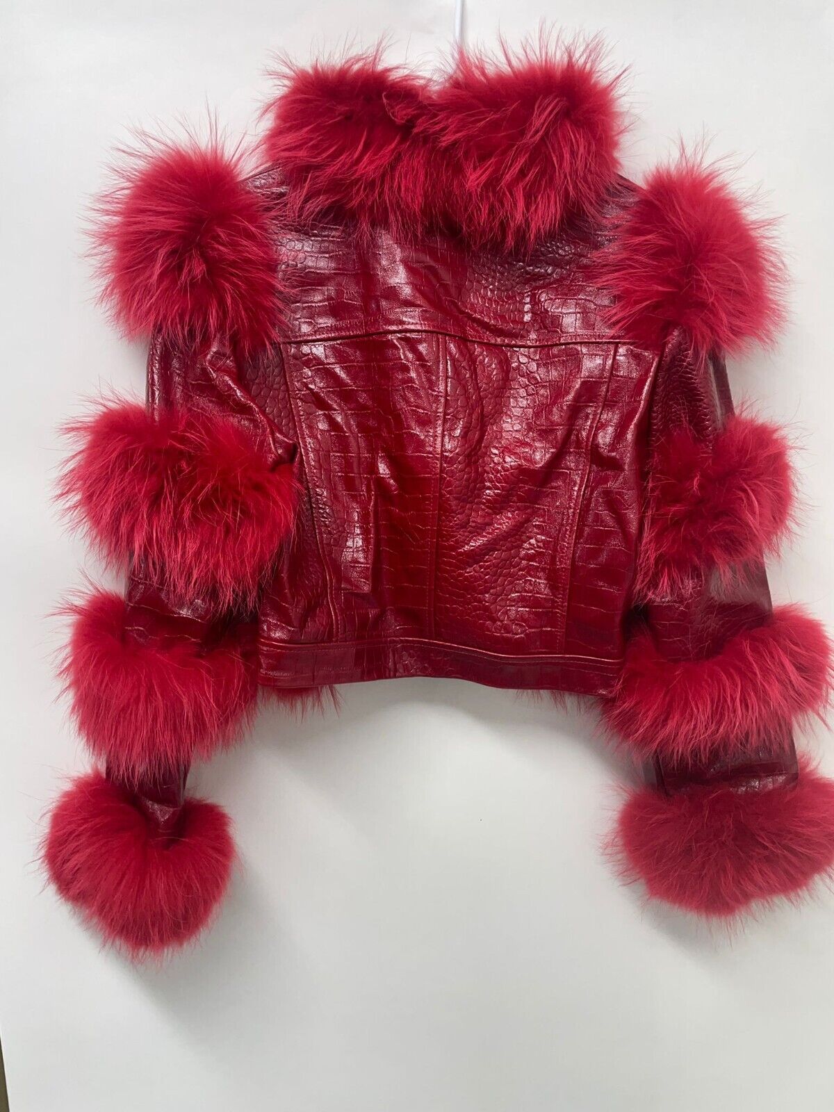 Paisleys Luxe Boutique Womens S Valentine Red Leather Racoon Fur Croc Jacket