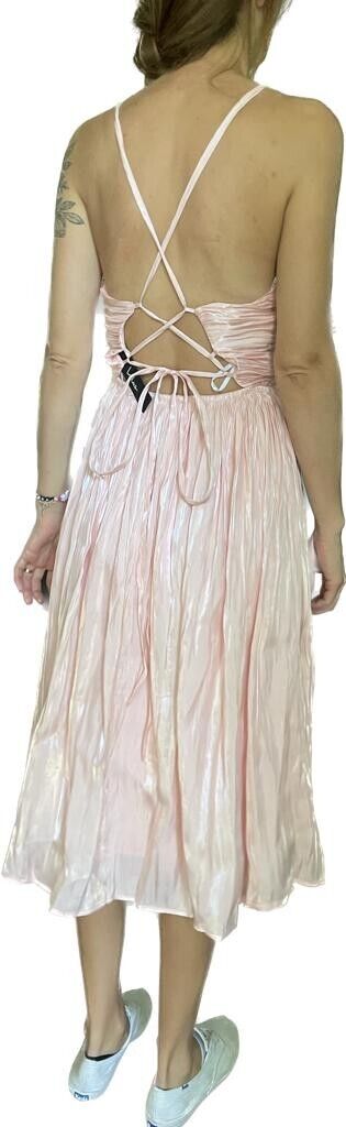 Lulus Womens S Irrestible Glow Pleated Satin Dress Shimmer Blush Pink Midi