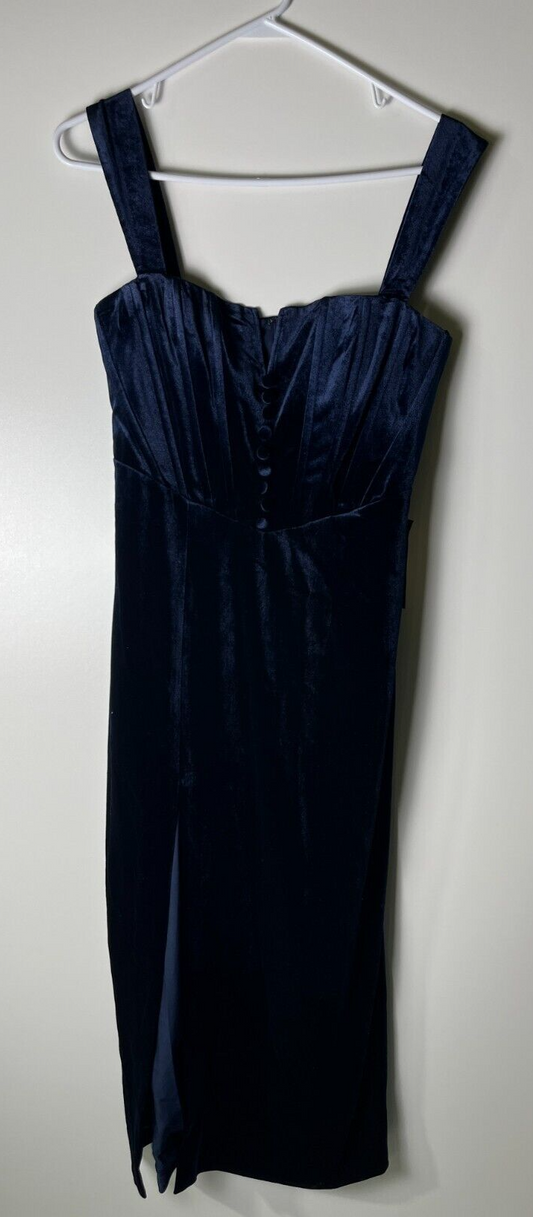 OPT Women's M Klarissa Side-Slit Faux Button Velvet Midi Dress Navy T22WDR12252