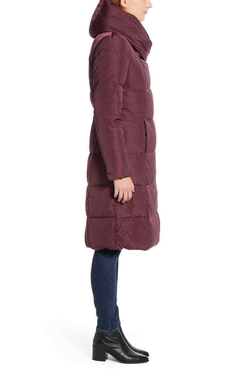 Cole Haan Womens XS Merlot Purple Asymmetrical Zip Down & Feather Coat Parka