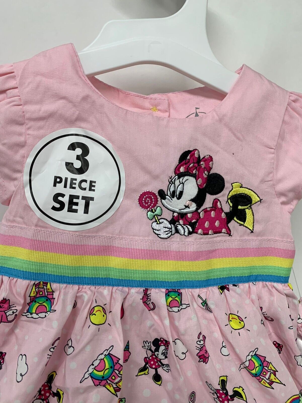 Disney Girls Baby 3M Pink 3 Piece Dress Set Ruffle Shorts Headband Minnie Mouse