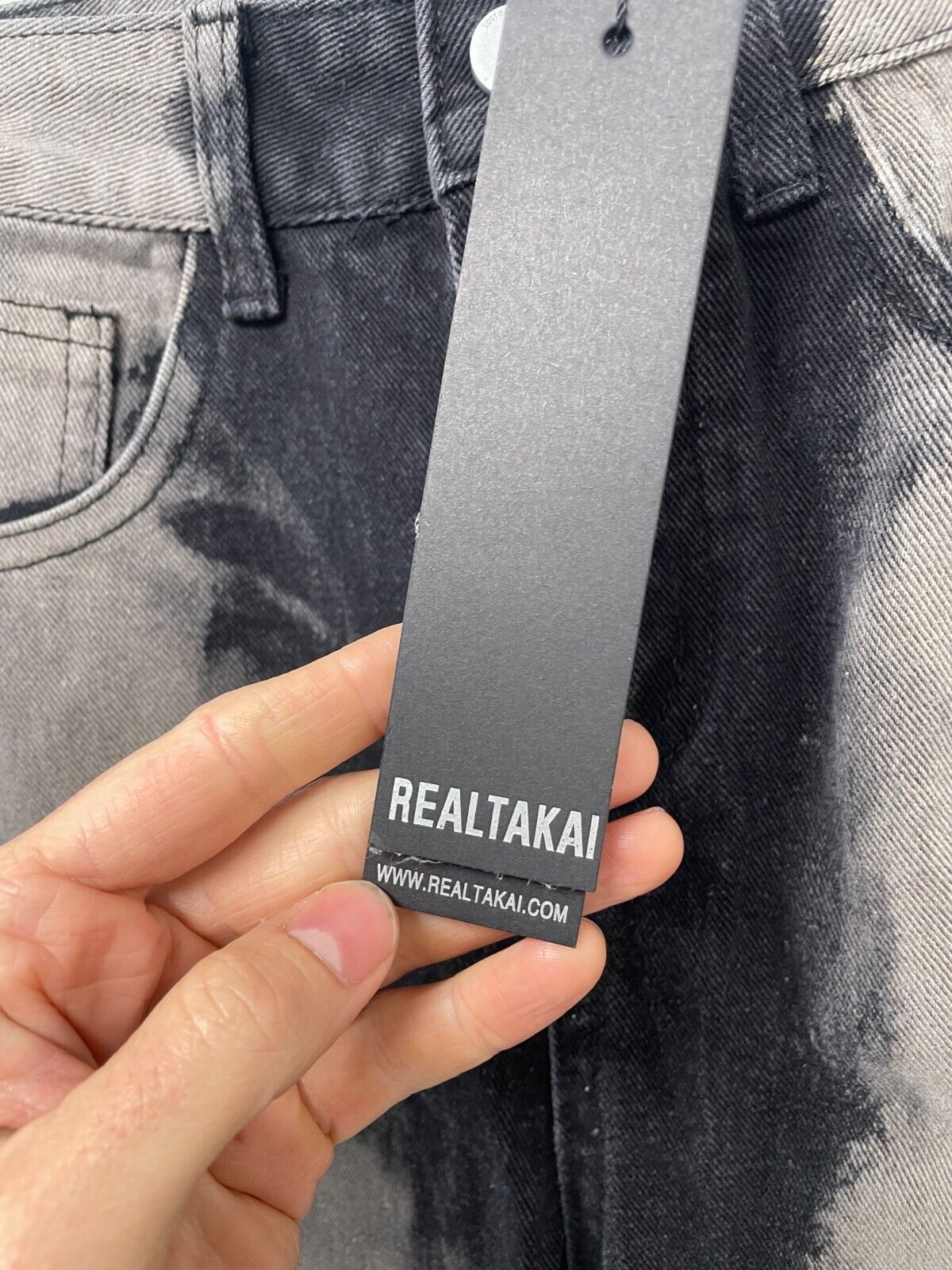 Realtakai Mens M Tie-Dye Washed Jeans Black 1462 Straight Wide Leg Denim