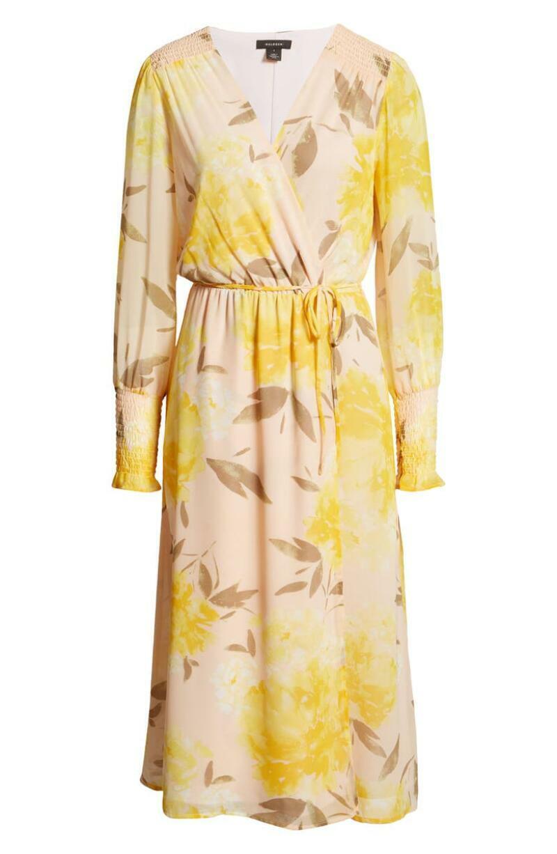 Halogen Women XS Pink Peach Floral Yellow Print Long Sleeve Faux Wrap Midi Dress