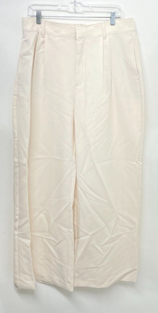 Abercrombie & Fitch Womens L Linen-Blend Tailored Wide Leg Pants Ivory High Rise