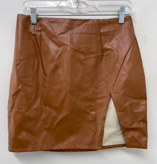 Lulus Womens M Walking The Walk Faux Leather Mini Skirt Camel Brown VS3993
