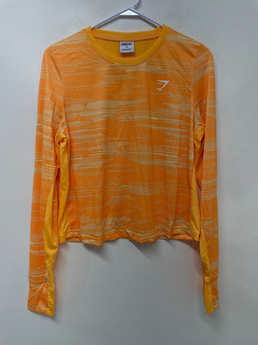 Gymshark Women M Sport Loose Long Sleeve T-Shirt Orange Print Cropped B2A8R-OBDY