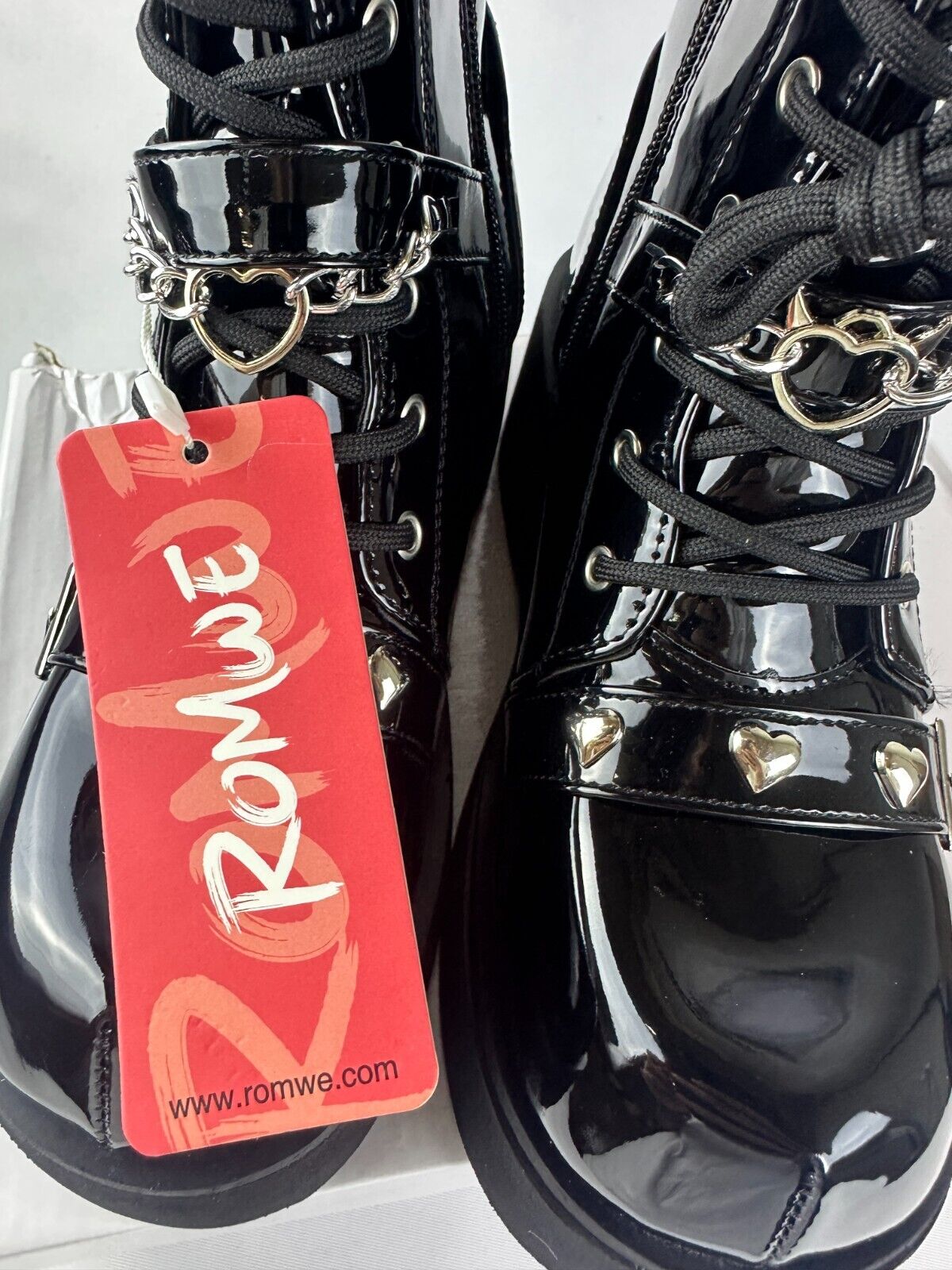 Romwe Womens EU 39 Platform Ankle Boots Black Faux Patent Leather Goth Punk Rave