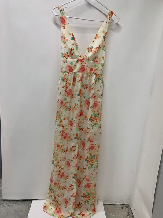 Zara Trafaluc Womens Floral Maxi Plunge Neck Dress Watercolor Cream 2642/571/712