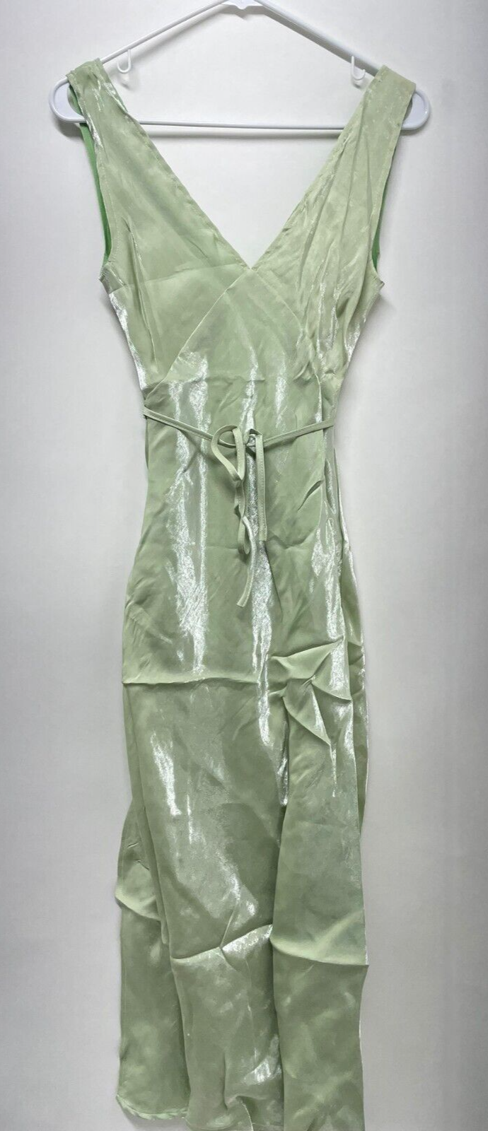 Pepper Mayo Women 2 Billie Split Maxi Dress Sage Green Metallic Satin Sleeveless