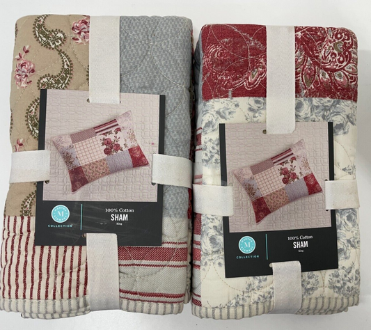 Martha Stewart King Size Set Of 2 Farmhouse Reversible Patchwork Quilted Shams