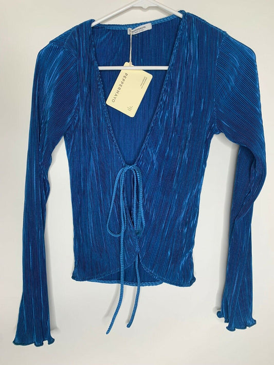 Peppermayo Womens 2 Cobalt Blue Barcelona Nights Tie Front Top Pleat Long Sleeve